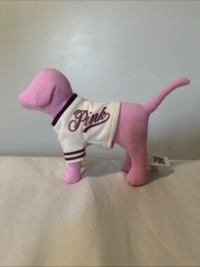 PINK Victoria's Secret Pink Plush Dog with White Varsity Jacket